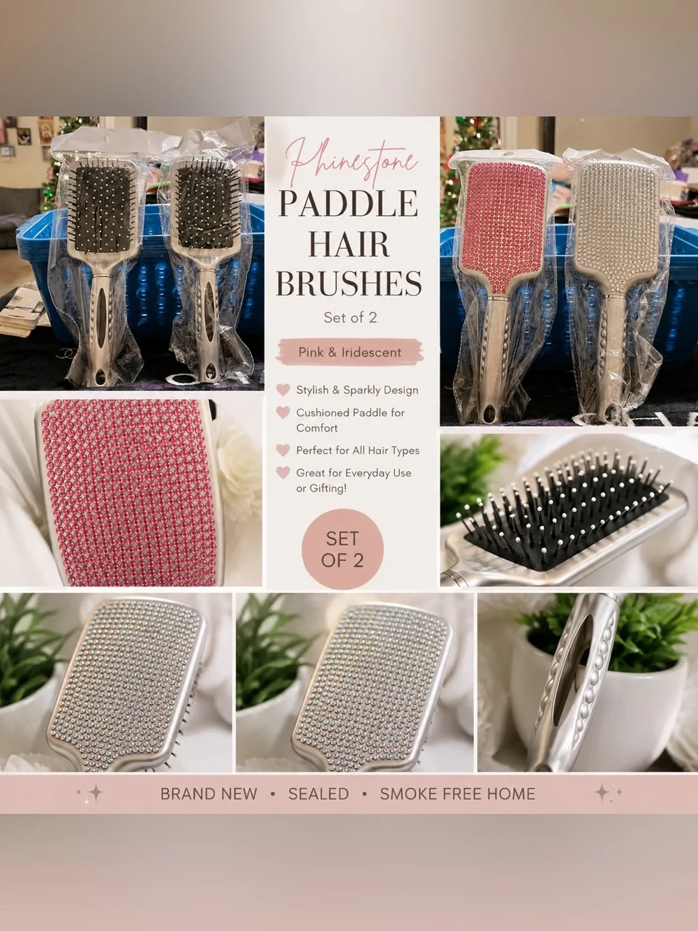 ✨ Set of 2 Rhinestone Paddle Hair Brushes | Pink & Iridescent | New Sealed